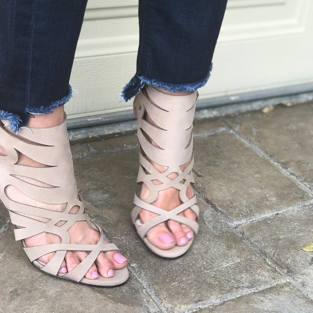 NIB Nubuck Leather Laser Cut Peep Toe Booties